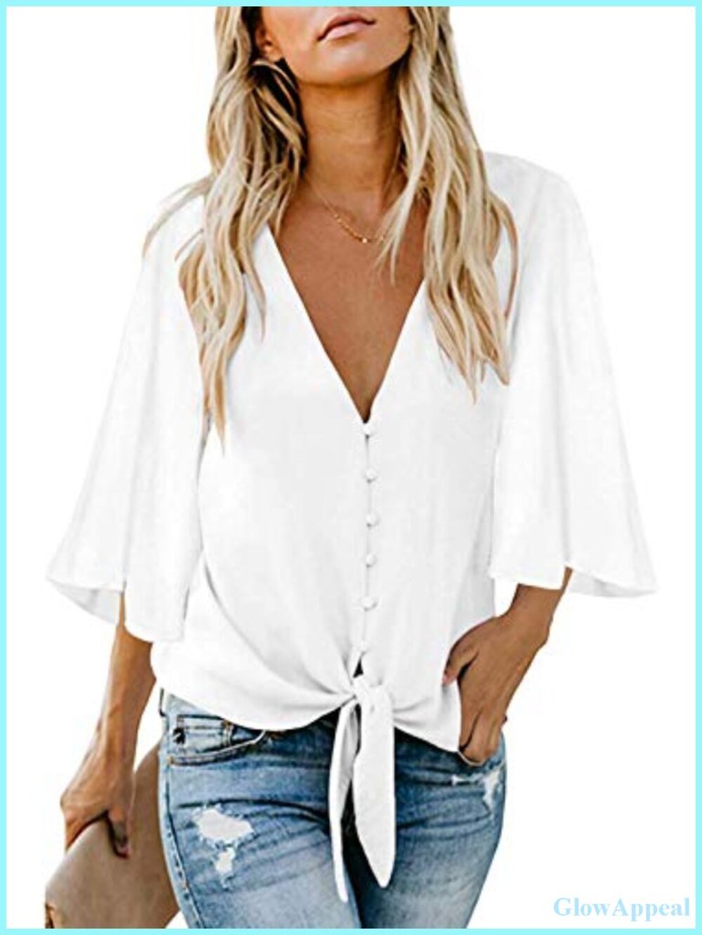 Women's Tie Knot Front Button Down Blouse 3/4 Ruffle Sleeve Chiffon